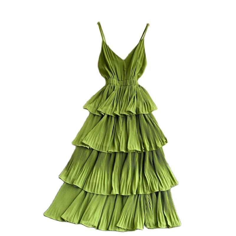 

2023 New Summer Beach Holiday Dress Sexy V-Neck Slim Fit Mid Length Pleated Ruffled Beach Skirt