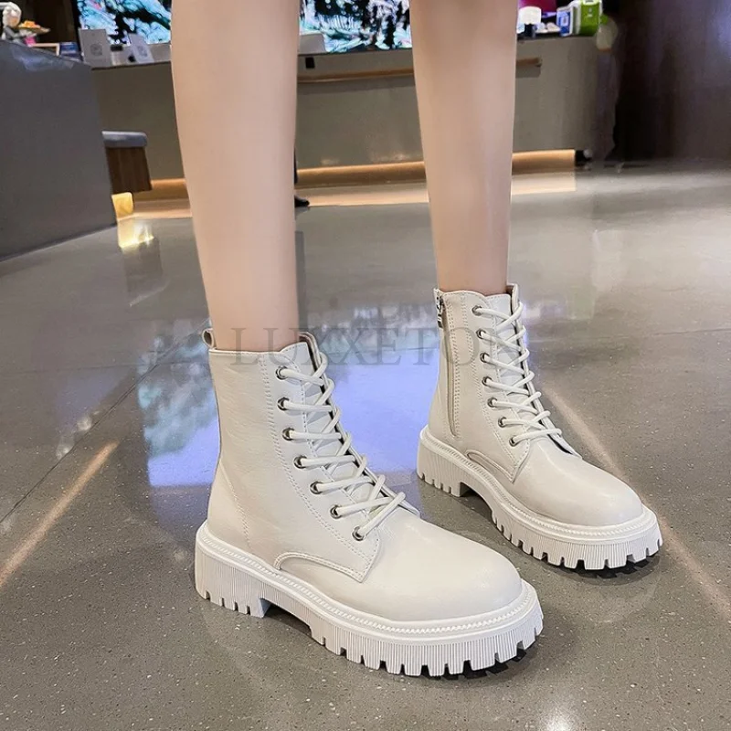 

Women Winter Boots Heel Flat Bottom High Motorcycle Wedge Platform PU Leather Lace Up Black Fashionable Shoes The New Listing
