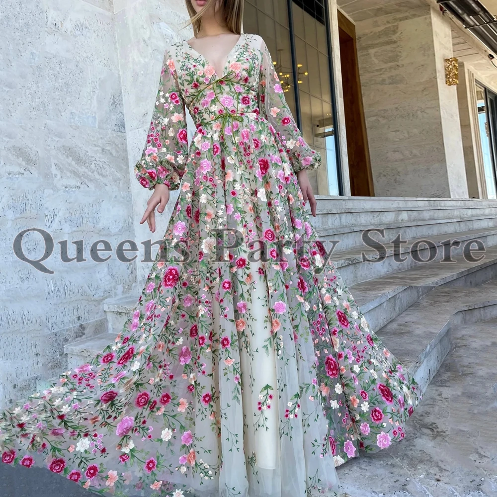 

New Embroidery Flower Prom Dress Long Sleeves V Neck Spring Autumn Party Dresses Sweep Train A Line Fashion Evening Gown