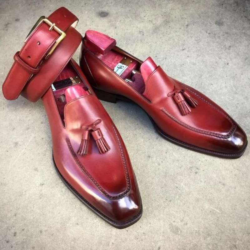 Mocasines de piel sintética para Hombre, Zapatos de boda, hechos a mano, con borlas, color rojo, Envío Gratis