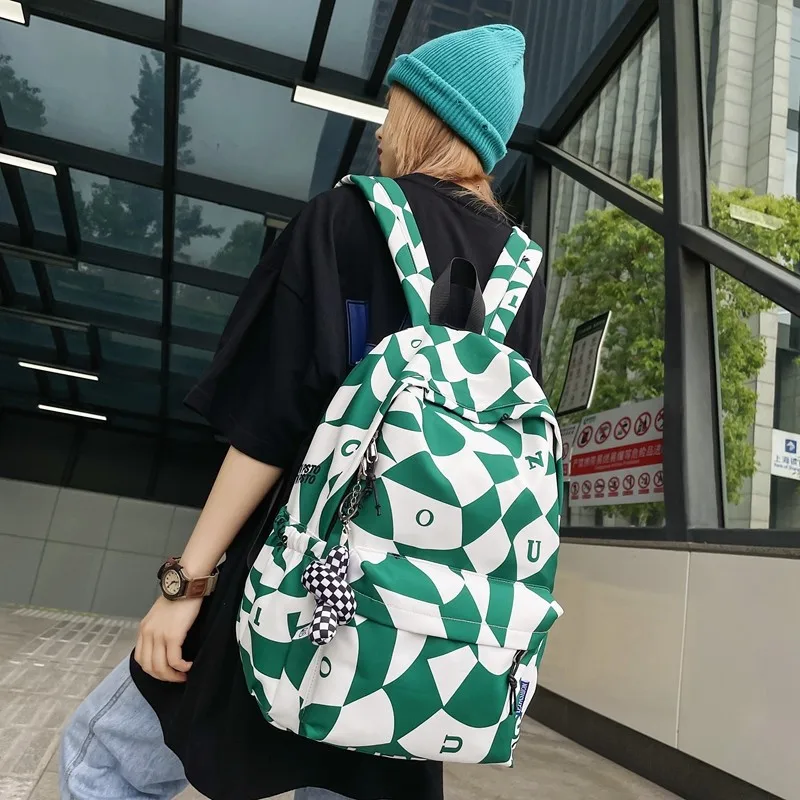 

Nylon Waterproof Women Backpack Geometric Print School Bag For Girls Leisure Travel Backpacks Student Large Capacity Bookbags