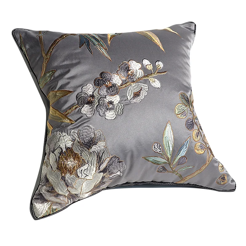 Courtyard Balcony Cushion Cover Luxury Grey Silky Chinoiserie Chinese Vintage Floral Embroidered Pillow Case Luxe Fall Decor