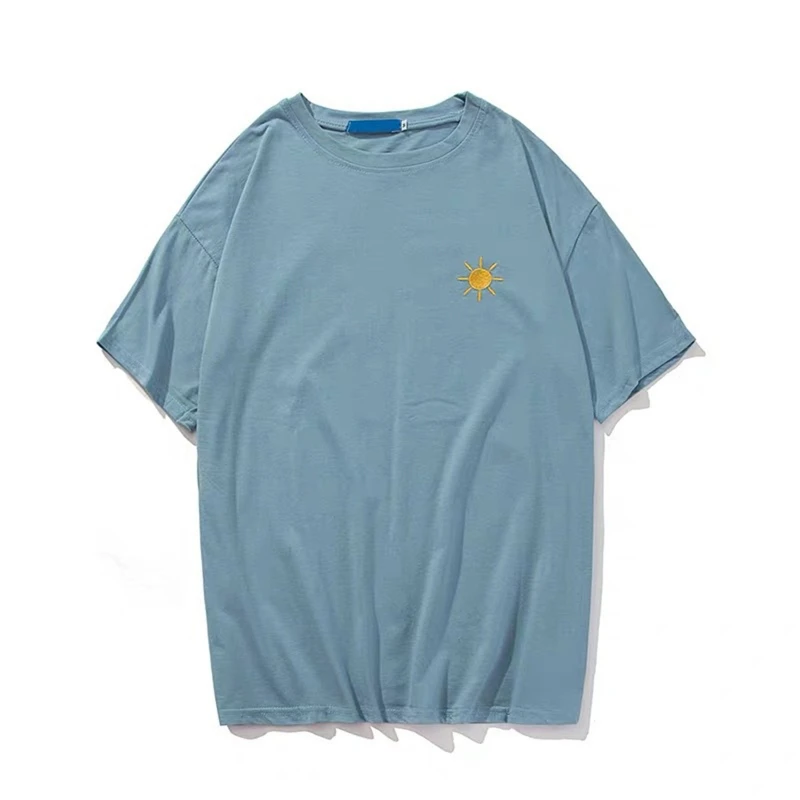 

H9ED Men Women Short Sleeve O-Neck T-Shirt Cloud Weather Embroidery Loose Tee Tops