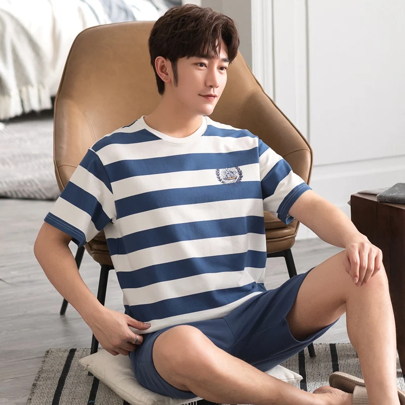 

2022 Summer Plus Size Short Sleeve Cotton Pajama Sets for Men Korean Loose Casual Striped Sleepwear Pyjama Homewear Home Clothes