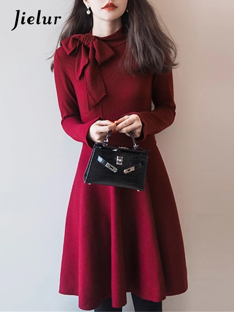 

Jielur Vintage Temperament Knitted Bodycon Sweater Dress Winter Bow Lace Up Long Sleeve Slim A-Line Party Dresses for Women