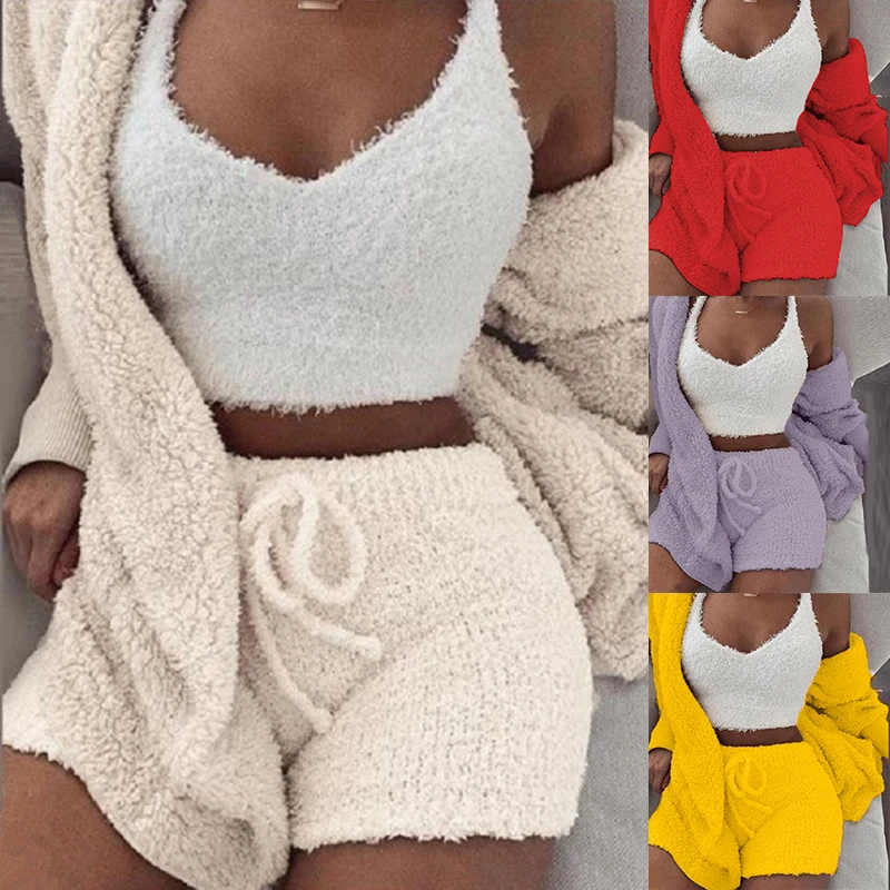 

Пушистый пижамный комплект для женщин, повседневная одежда для сна, майка и шорты, блузка с капюшоном, Удобный домашний костюм, зимняя Тедди, 3 предмета, пижамы