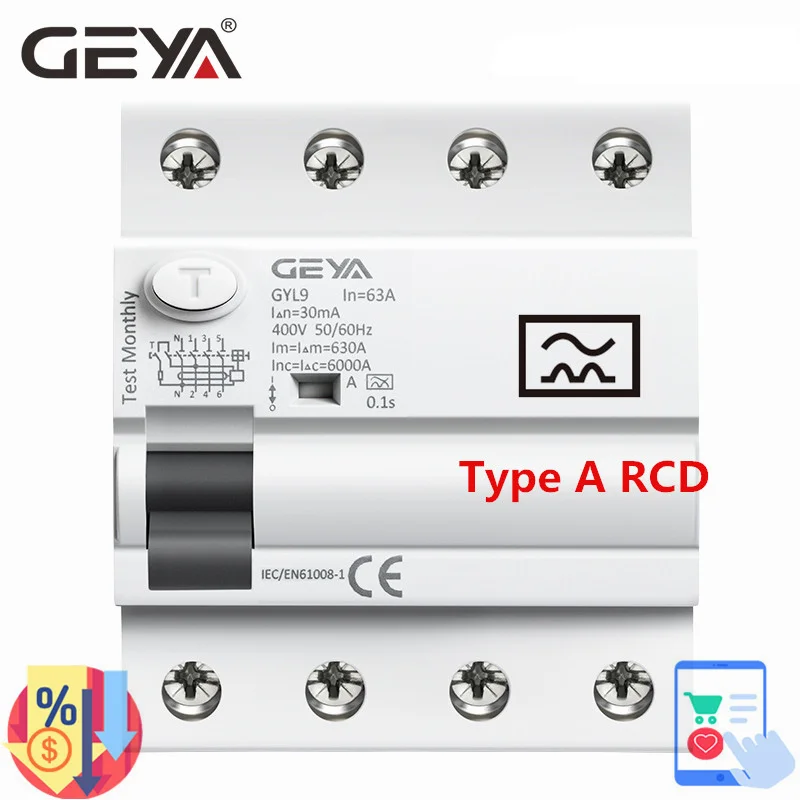 Автоматический выключатель остаточного тока GEYA GYL9 типа A RCD ELCB 4 полюса 40A 63А RCD ELCB обнаруживает пульсирующий Постоянный Остаточный ток