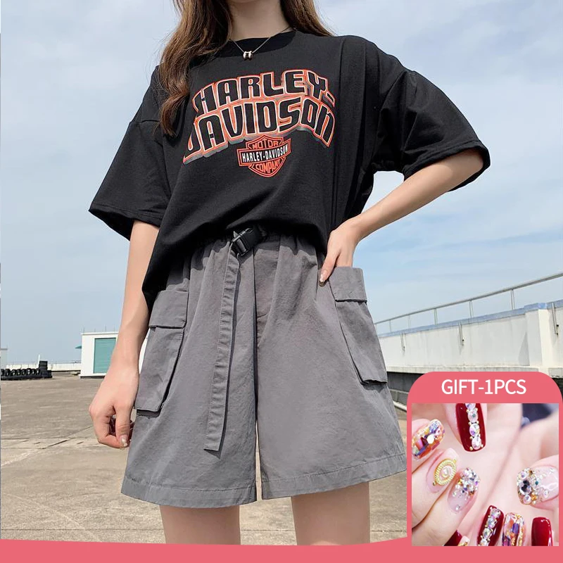 

Summer Women Oversized Workwear Loose Shorts Solid Color Casual Pocket High Waist False Belt Shorts Five Point Tide With Gfts