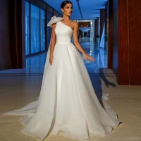 hall wedding dress white organza bow one shoulder a line modern wedding gown sleeveless pleat buttons backless sexy bridal dress