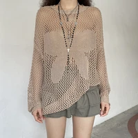 y2k butterfly smock top knitted khaki full sleeve loose t shirt o neck retro cute holes pullovers jumpers women korean