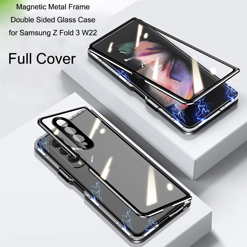

Magnetic Metal Frame Double Sided Glass Case for Samsung Galaxy Z Fold 3 Fold3 W22 5G with Camera and Screen Protector Film Case