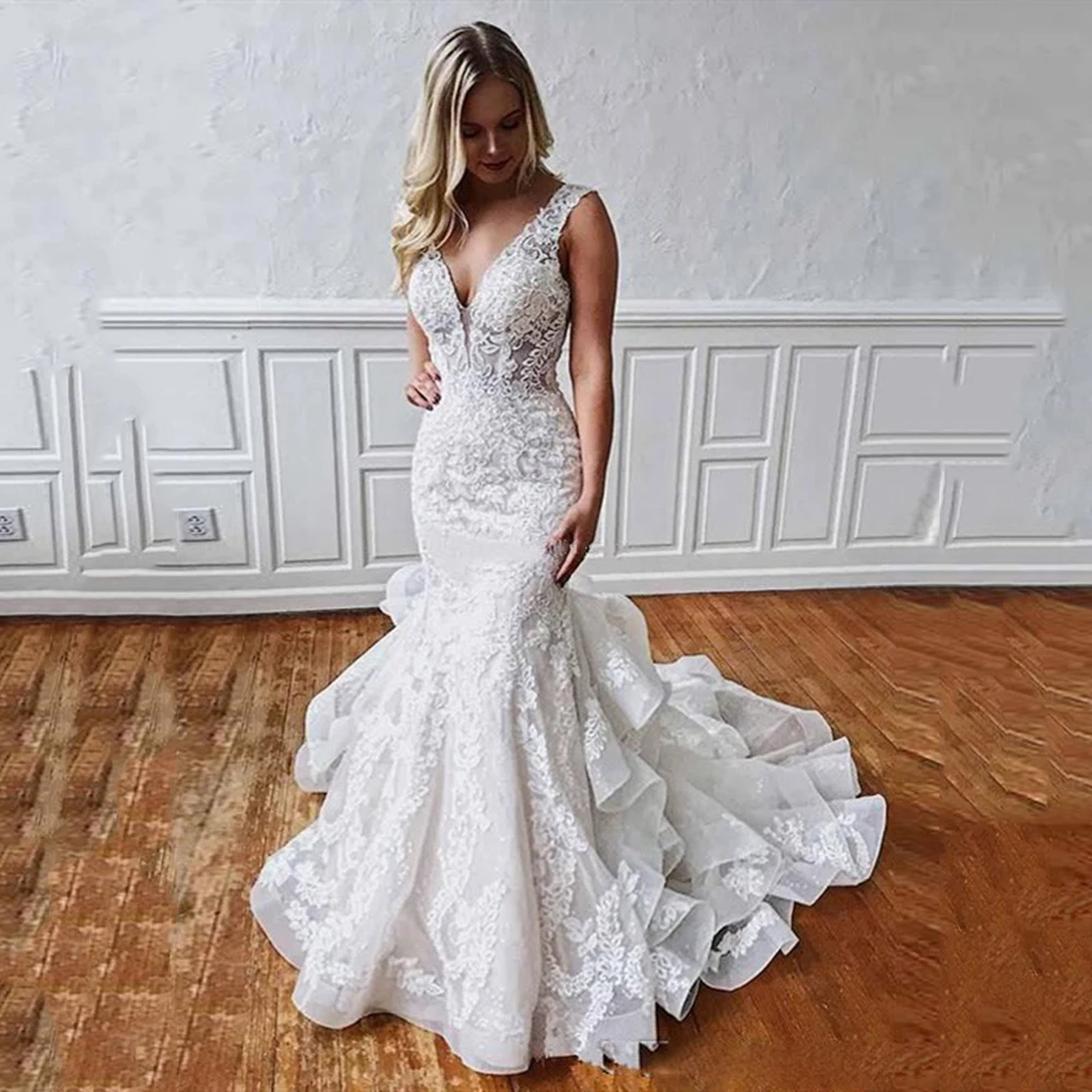 

2022 Sexy Lace Mermaid Wedding Dress Robe De Mariee Backless Deep V Neck Tiered Bridal Gowns Modern Design
