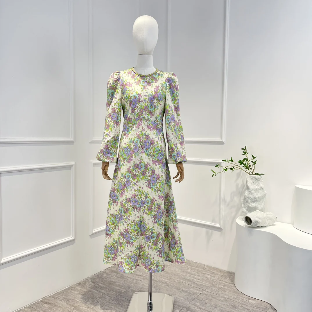 

2023 New Arrivals Top Quality Linen Violet Little Floral Print High Waist Lantern Sleeve Midi Dress for Lady