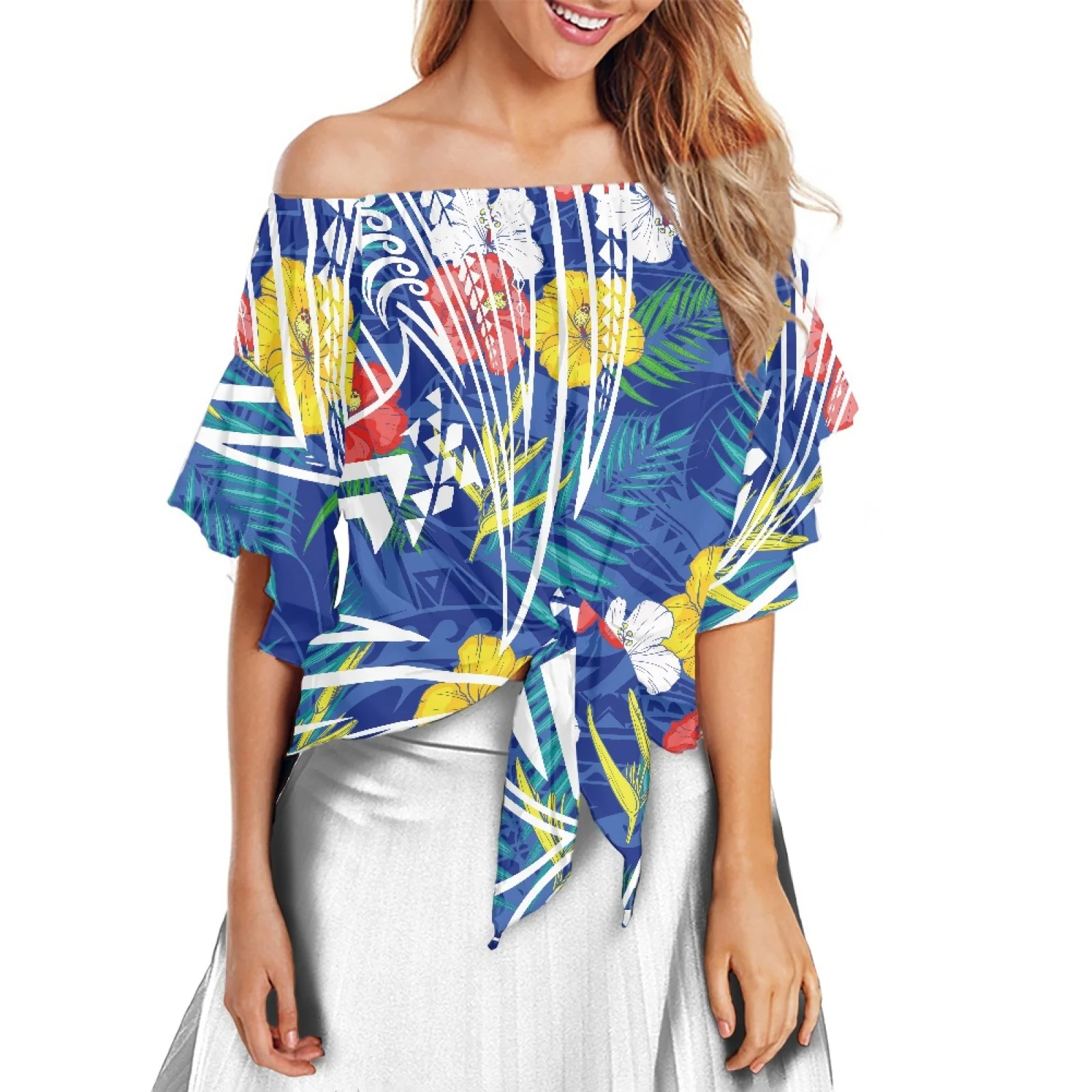 

Polynesia Tribe Off Shoulder Tops 100% Polyester Women Shirt Flare Sleeve Retro Style Luxury Design Hibiscus Printing Blouses