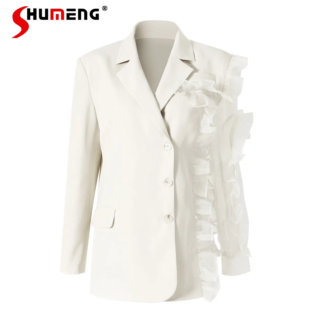 Long Sleeve Slimming Suit Coat for Women Spring Autumn New Asymmetric Ruffled Mesh Stitching Profile Blazer Jacket for Women
