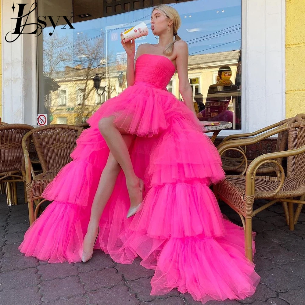 

LSYX Sexy Strapless Low-High Elegant Tiered Evening Dresses Lace Up Sleeveless Tulle Formal Party Gowns Robe Femme Soirée