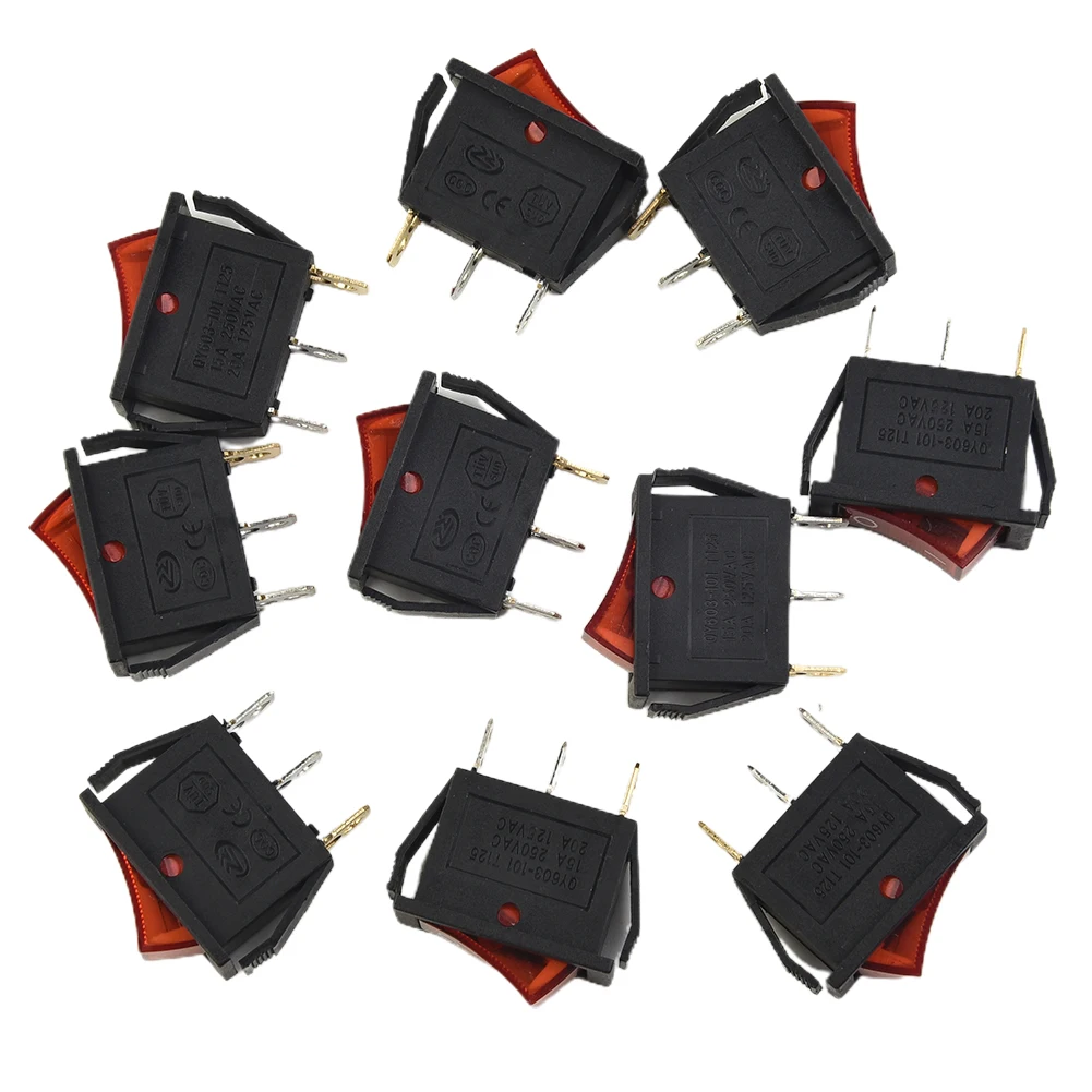 

10Pcs Push Button Switch With Red LED 30*11mm SPST 3Pin AC15A 250V / 20A 125V ON-OFF Snap-in On/Off Rocker Toggle Switch