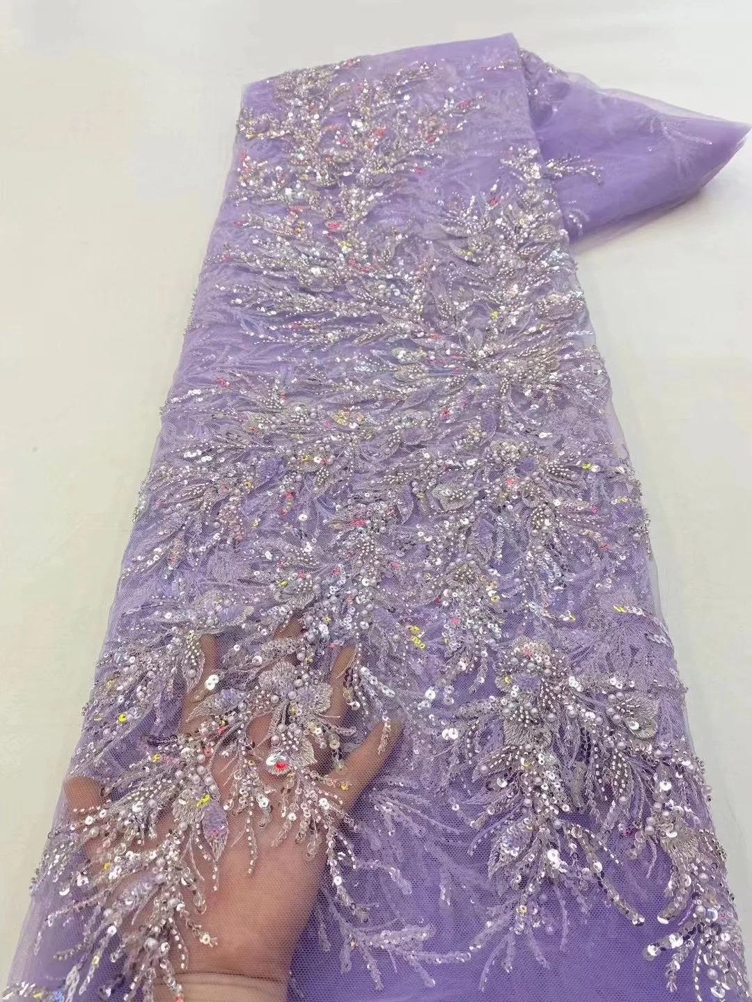 

Purple 2022 Luxury Sequins Lace Fabrics High Quality African Beaded Tulle Fabric Embroidery Lace With Beads For Bridal Dress