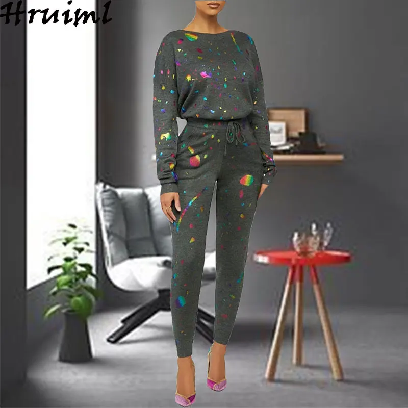 

2 Piece Set Women Long-sleeved Casual Fashion Digital Printing Two Piece Outfits for Women Drawstring Pullover Clothes for Women