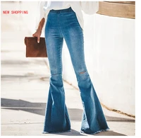 2021 fashion denim flare pants women retro ripped jeans wide leg trousers lady casual bell bottoms flare pant female streetwear