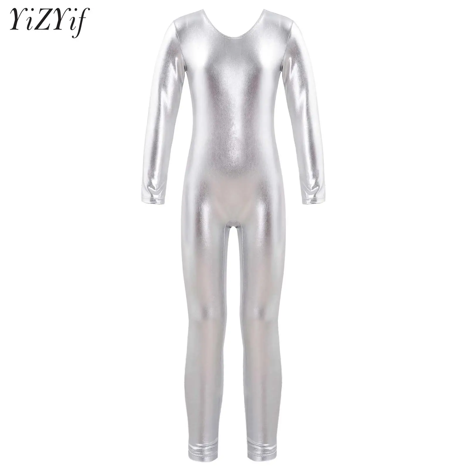 

Kids Girls Long Sleeve Full Body Jumpsuit Metallic Bronzing Cloth Sport Boydsuit Dance Unitard Gymnastics Yoga Leotard Catsuit