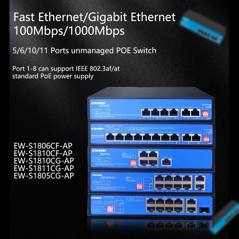 Gigabit POE AI Smart Switch 100/1000M Fast Ethernet Network 250Meters Transmission Desktop Switcher For surveillance Camera