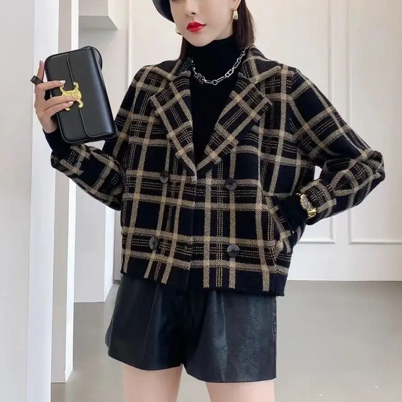 

New Arrival Autumn Korean Style Faux Mink Cashmere Tweed Jacket Women Coat Vintage Loose Short Plaid