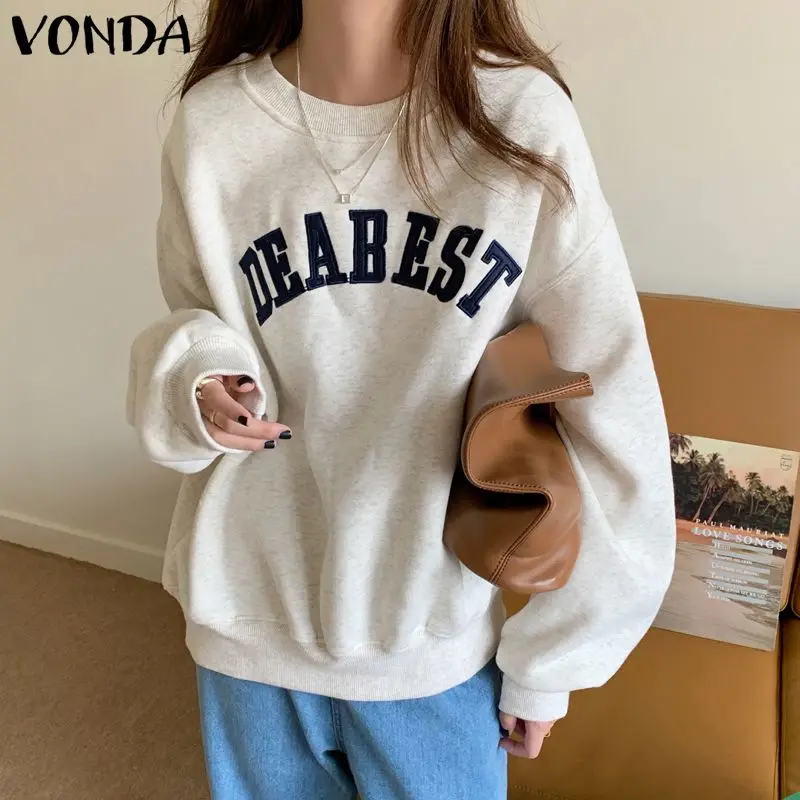 

Spring Sweatshirts VONDA 2022 Women Casual O Neck Long Sleeve Vintage Jumpers Sweatshirts Femininas Casual Print Korean Blusas