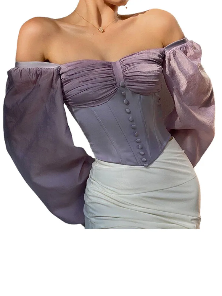

2023 Сексуальная женская укороченная рубашка с открытыми плечами во французском стиле, женская блузка с рюшами на груди и рукавами-фонариками