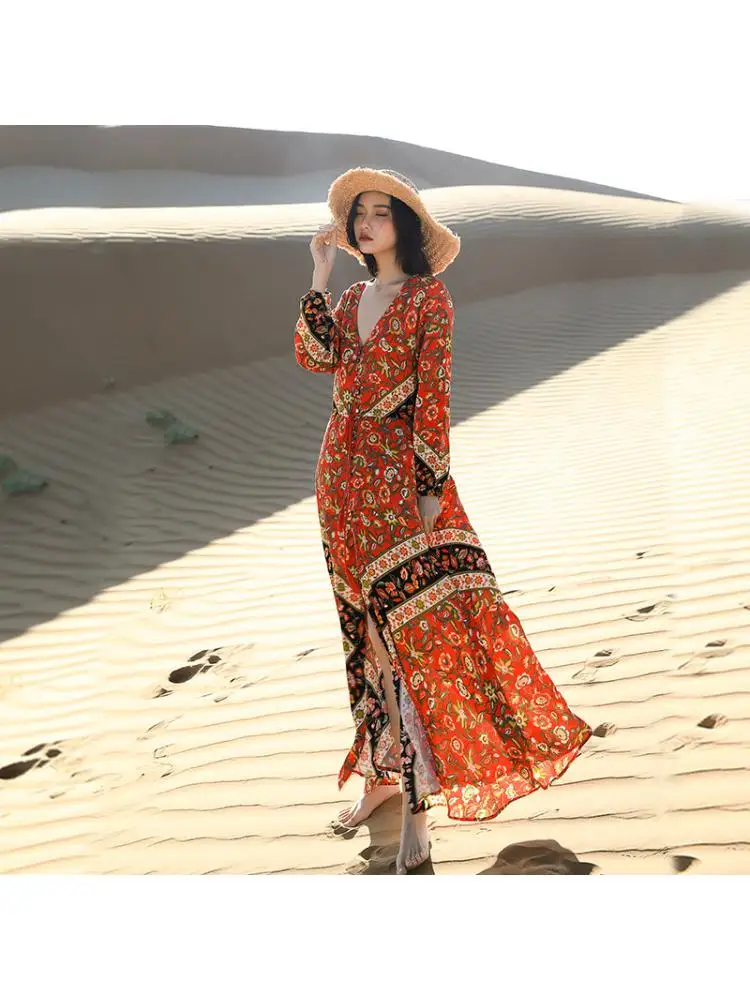 

Indie Folk Vacation Style 2023 Summer Bohemian Lantern Sleeve V-Neck Drawstring Lace Up Loose Waist Printed Long Women Dresses