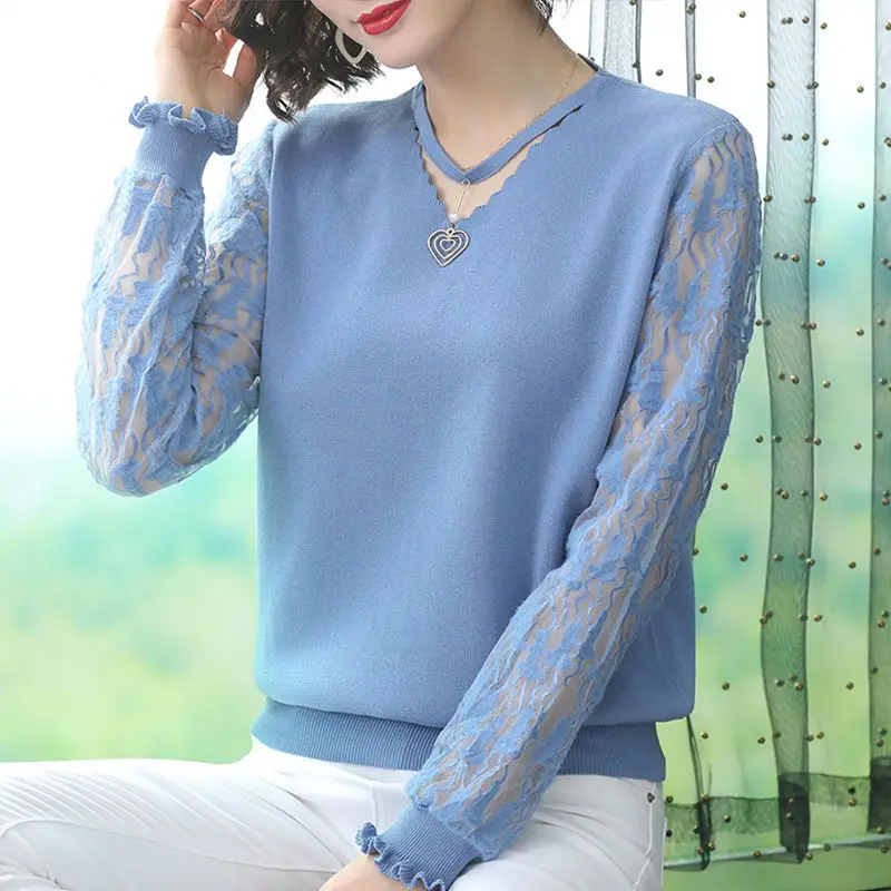 

Women's Hollow Out V-neck Base Knitted Sweater Bottoming Shirt Female V-neck Knitted Bottom Retro Jumper Lady Lace Sweater G288