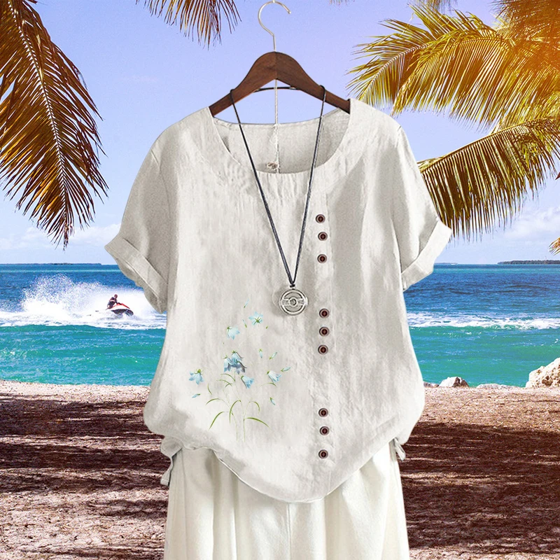 

Age Reduction Graphic Printed Round Neck Short Sleeve Women T Shirt Casual Loose Plus Size Solid Color Cotton Linen Top Summer