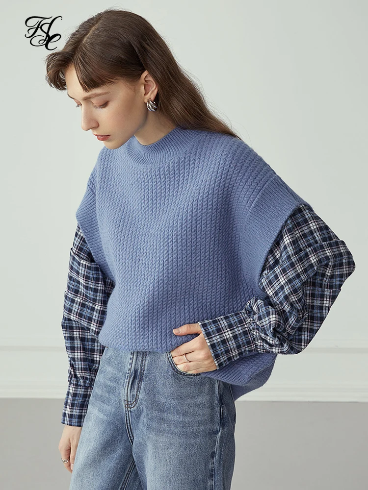 

Комплект из двух предметов FSLE с имитацией оверсайз, синий вязаный свитер, Женский пуловер с длинным рукавом в стиле пэчворк, зимний Повседне...