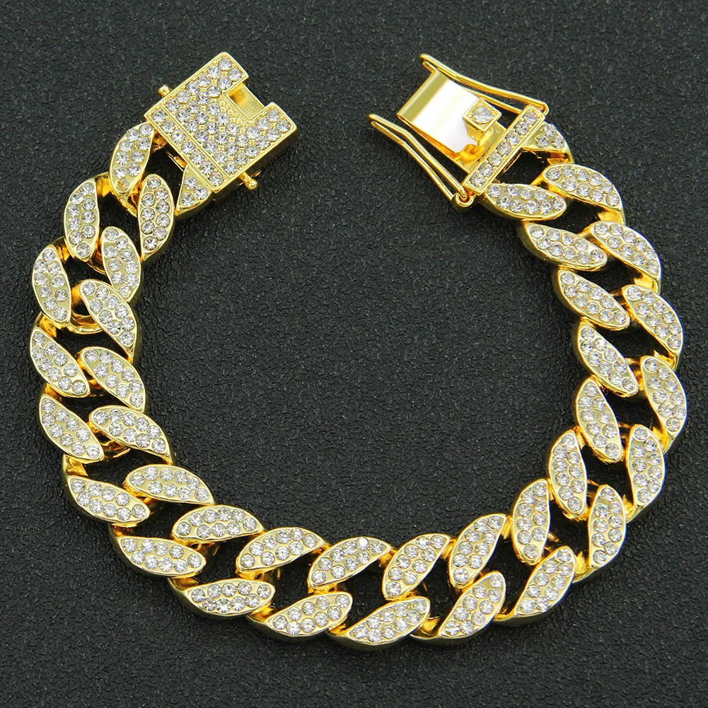 

15mm Crystal Miami Iced Out Cuban Link Chain Bracelet For Men&Women Full Rhinestones Charms Hip Hop Jewelry Chain Bracelet Gift