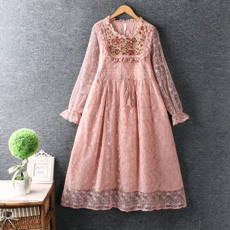 

2022 Spring New Sweet Japanese Style Embroidered Round Neck Empire Dress Women Long Sleeve Princess Dress 792386