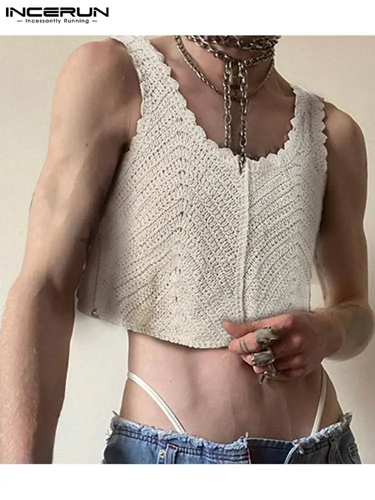 

2022 Men Tank Tops Knitted O-neck Sleeveless Sexy Breathable Vests Vacation Translucent Solid Casual Crop Tops Men INCERUN