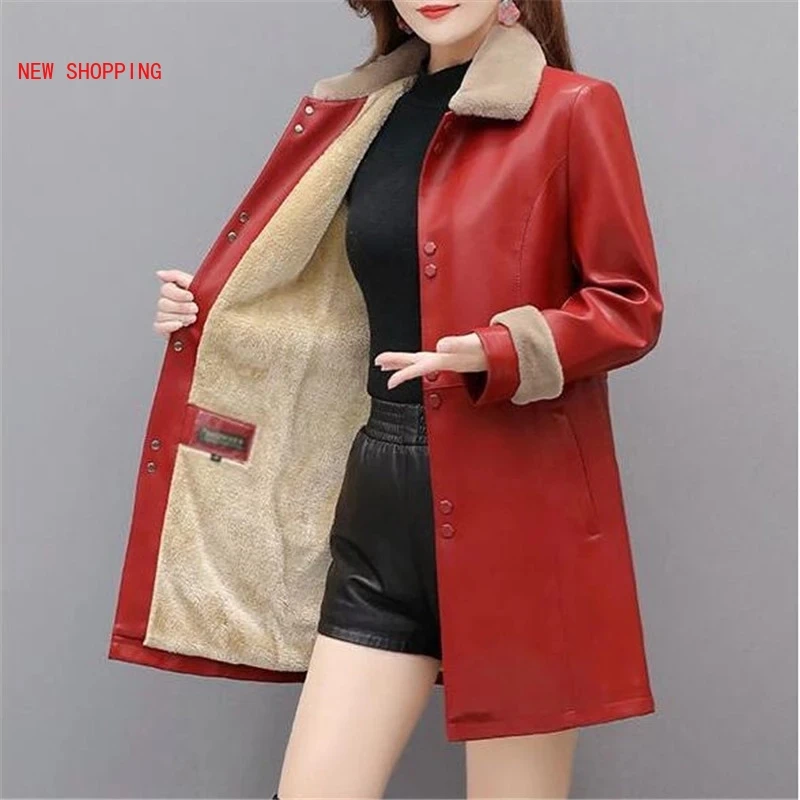 Winter Coats Long Leather Jackets Women Fur Collar PU Leather Parkas Womans Plus Velvet Motorcycle Jacket 5XL Red Xmas Outerwear