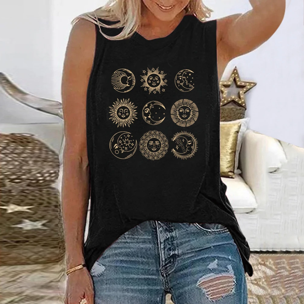 Seeyoushy Vintage Sun and Moon Print Women T-shirts Sleeveless Summer Loose Tee Shirt Crew Neck Casual Tops Woman Clothes
