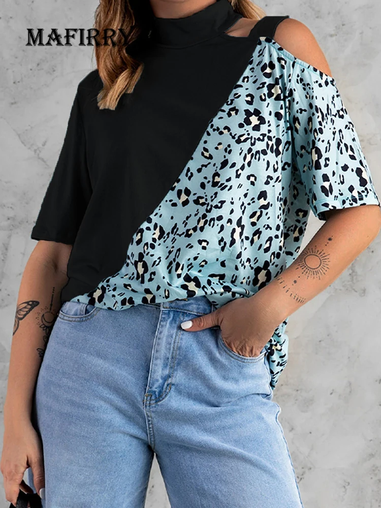 

New Blouses Summer Women Short Sleeve Leopard Patchwork Sportswear Pullovers Straight O-Neck Hollow Out Ladies Shirts Streetwear