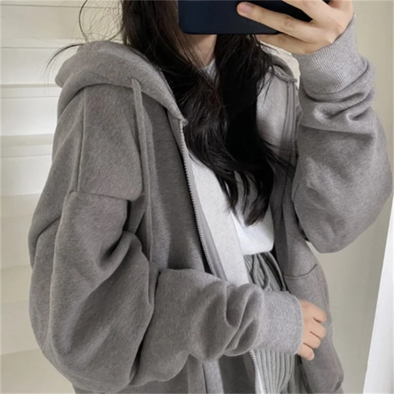 

Women Hoodies Harajuku Korean Version Loose Oversized Sweatshirts Vintage Solid Color Long Sleeve Hooded Sweatshirt Zipper Coats
