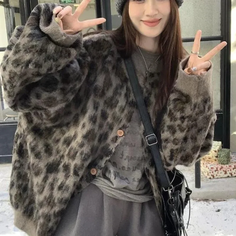 JY Новый женский кардиган модный свитер с леопардовым принтом вязаный