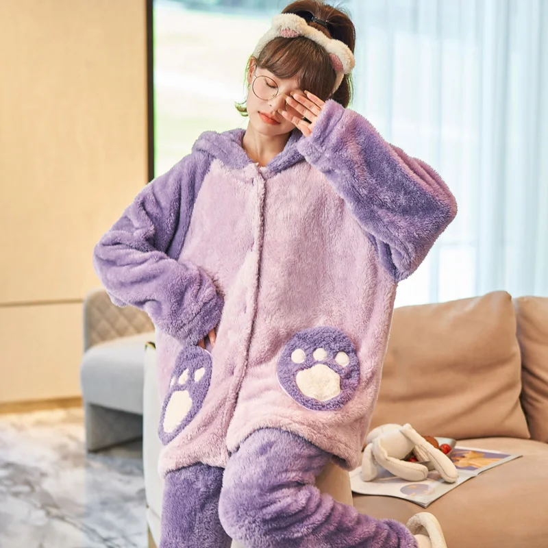 FUNISHI Women's pajamas Plush Winter Pajamas Loose Version Hooded Pajama Set Inspissate pijama mujer Plus Size 3XL Cartoon