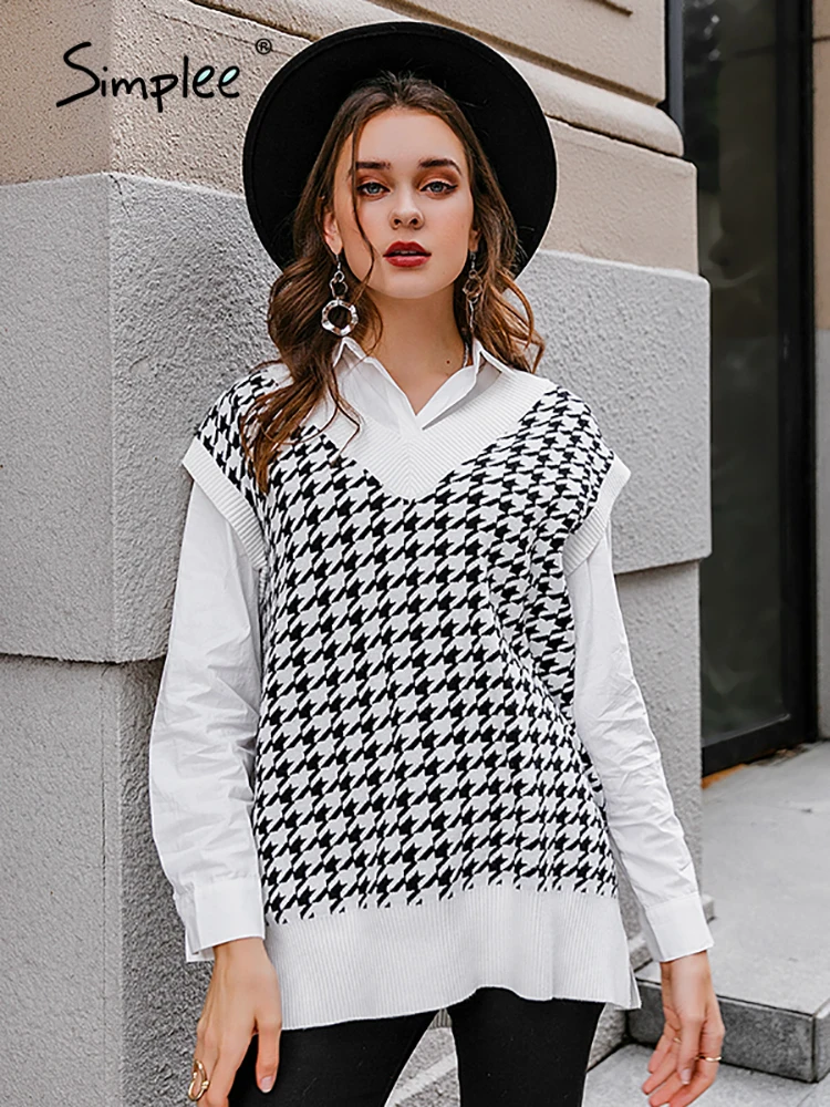 Simplee Houndstooth knitted sweater vest women V neck sleeveless oversized pullover vintage Fall winter female waistcoat | Женская