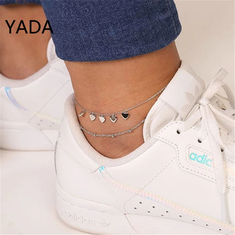 YADA Silver Color Heart Adjustable Anklets For Women Summer Beach Foot Ankle Barefoot Sandals Multilayer Ankle Female AT220008
