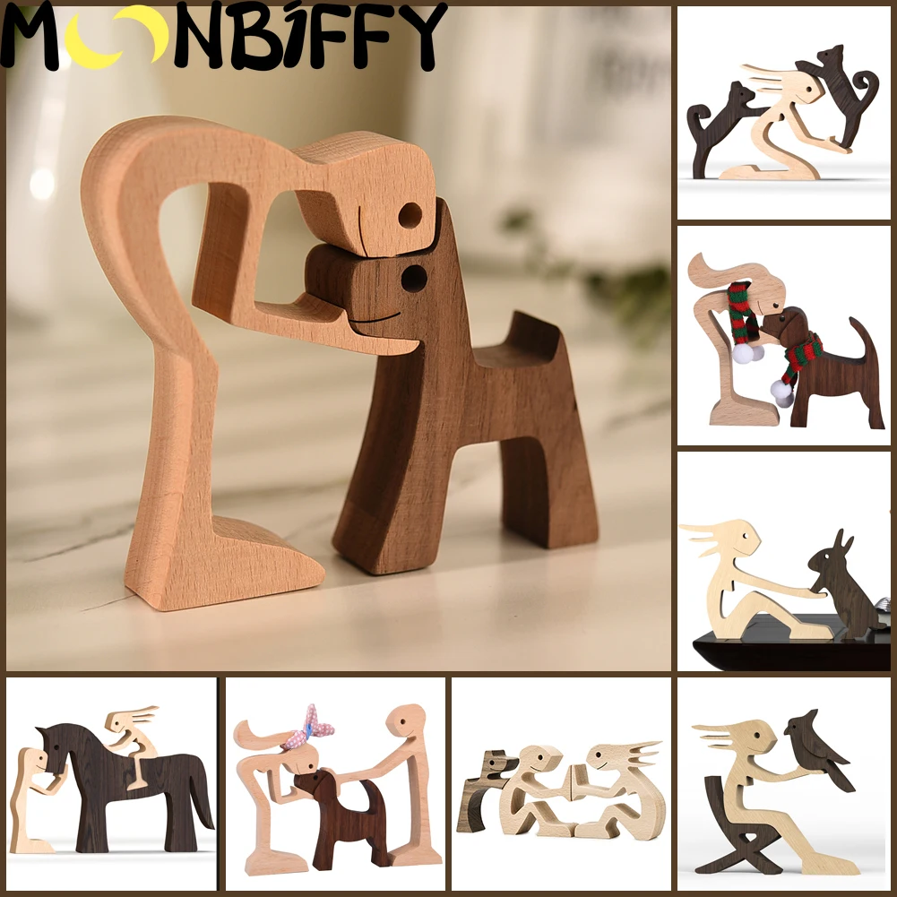 

Фигурка деревянная для домашнего питомца, настольное украшение для семьи щенков, модель с резьбой, украшение для дома и офиса, скульптура дл...