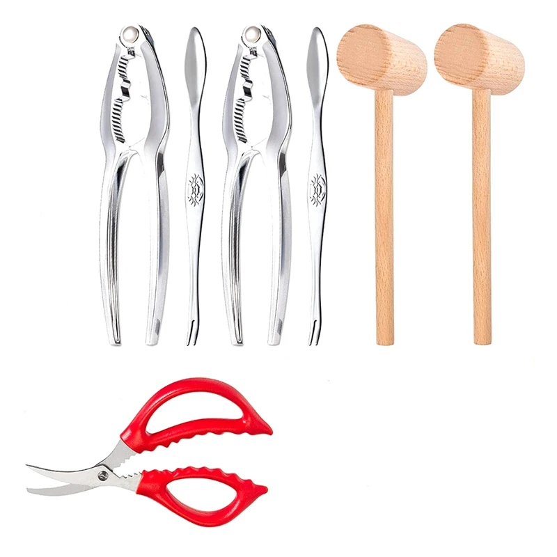 

7 Pcs Seafood Cracker Sets Including 1 Scissor 2 Stainless Steel Forks 2 Lobster Crab Mallets And 2 Crab Crackers