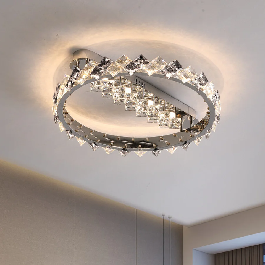 

Luxury Modern Foyer Led Dimmable Ceiling Lights Lustre Gray K9 Crystals Led Luminarias Bedroom Chrome Steel Led Ceiling Lamp