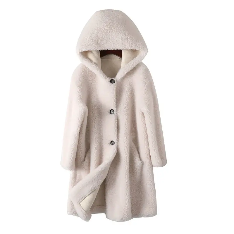 

Women 2023 Autumn Winter Long Real Fur Sheep Shearling Fur Coats Female Natural Wool Outwear Hooded Lamb Fur Jackets X862