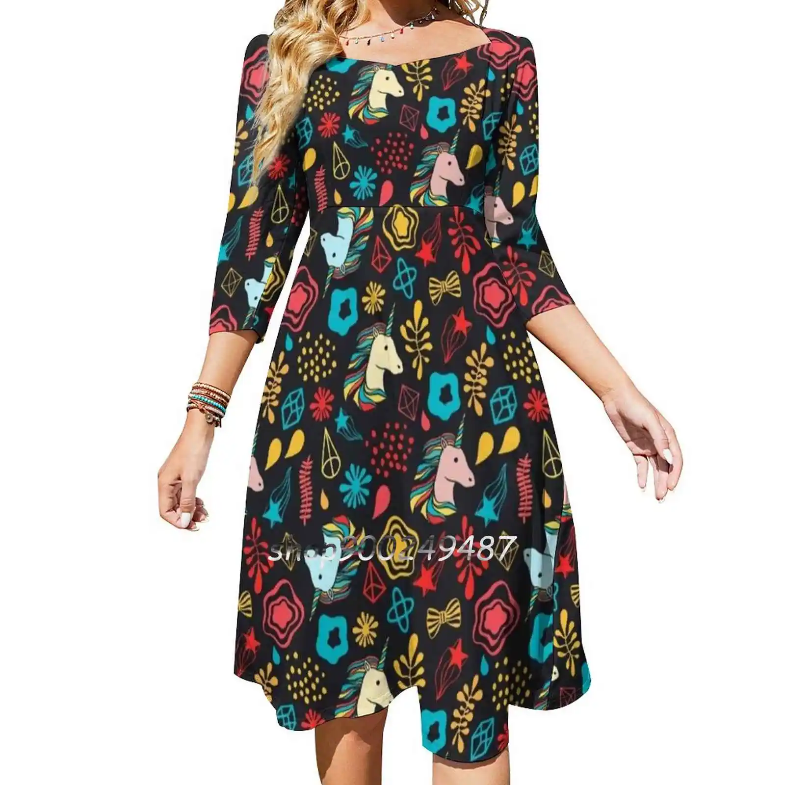 

Unicorn Party Square Neck Dress Cute Loose Print Dresses Elegant Beach Party Dress Unicorn Party Holiday Magic Fairy Mystery