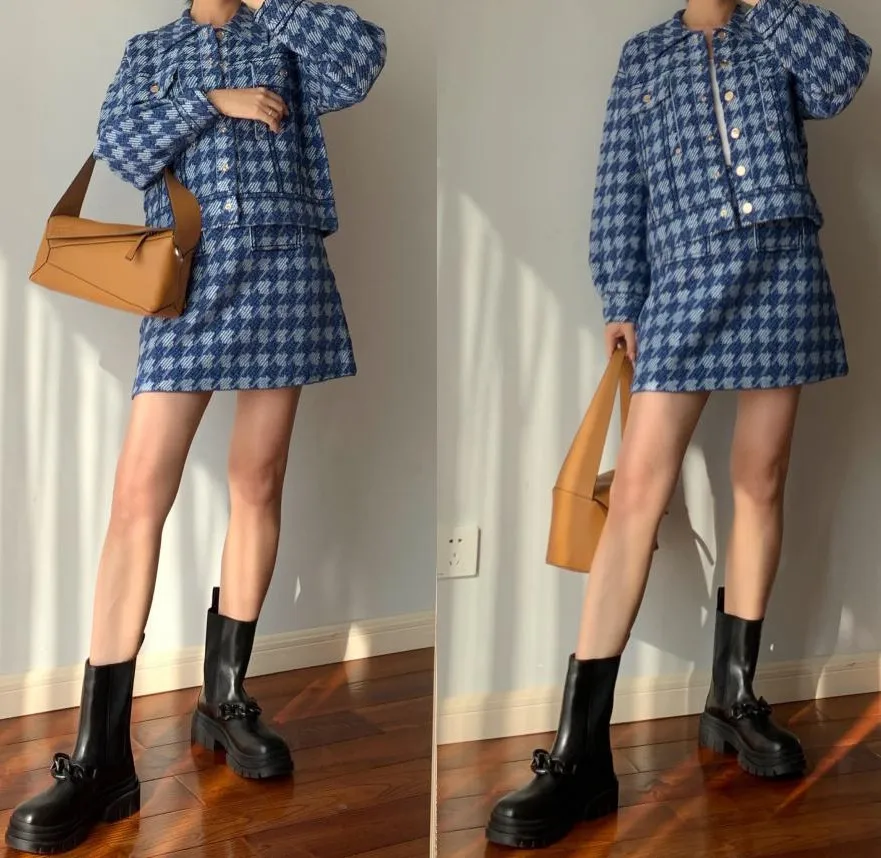 

2022 New Denim Style Blue Texture Soft Tweed Knit Cardigan Jacket A-Line Skirt Ladies Knit Suit Beautiful Cool